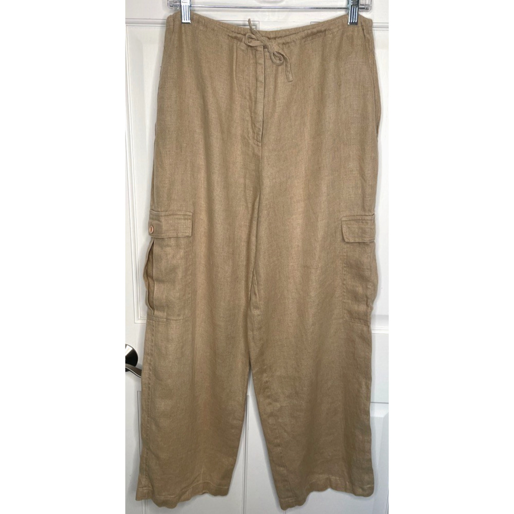 Vintage Women's 100% Linen Relaxed Cargo Pants Sz L Lagenlook Natural Boho Beach